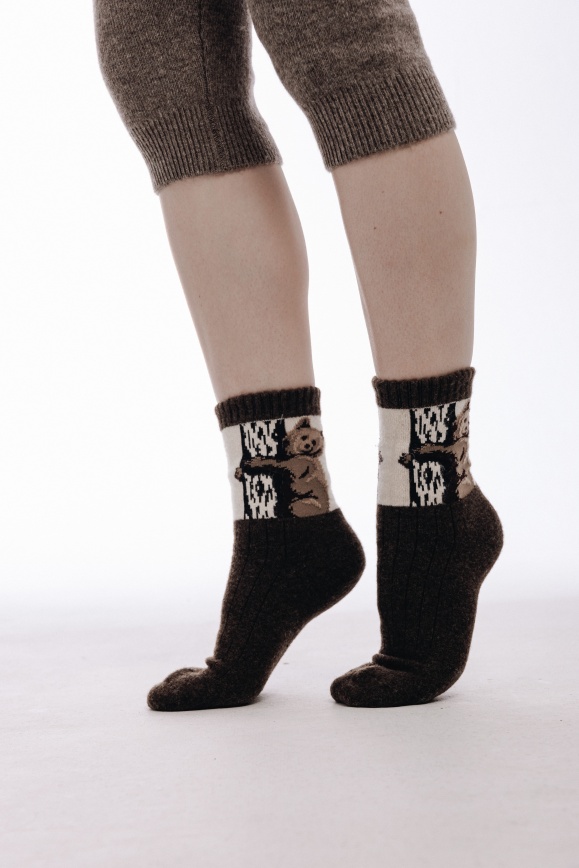 Купить Носки коричневые с мишкой из 100% шерсти яка 