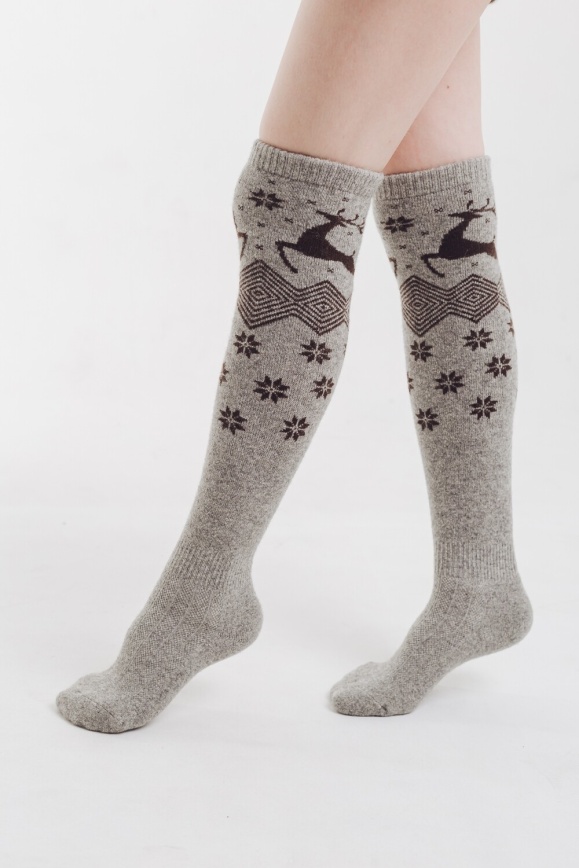 Купить Гольфы серые с оленями из 70% шерсти яка 