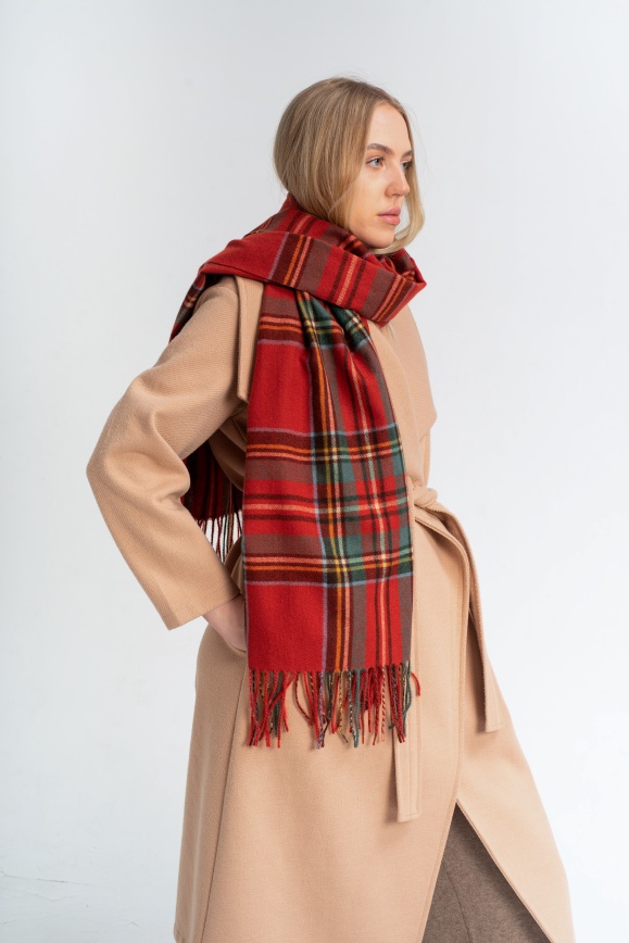 Купить Палантин красный в клетку из 50% кашемира и 50% шерсти яка 