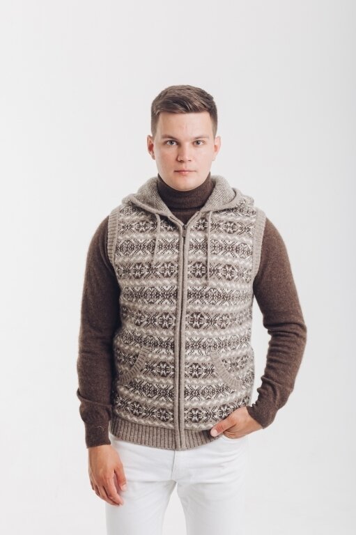 Купить Безрукавка с капюшоном серая из 100% шерсти яка 